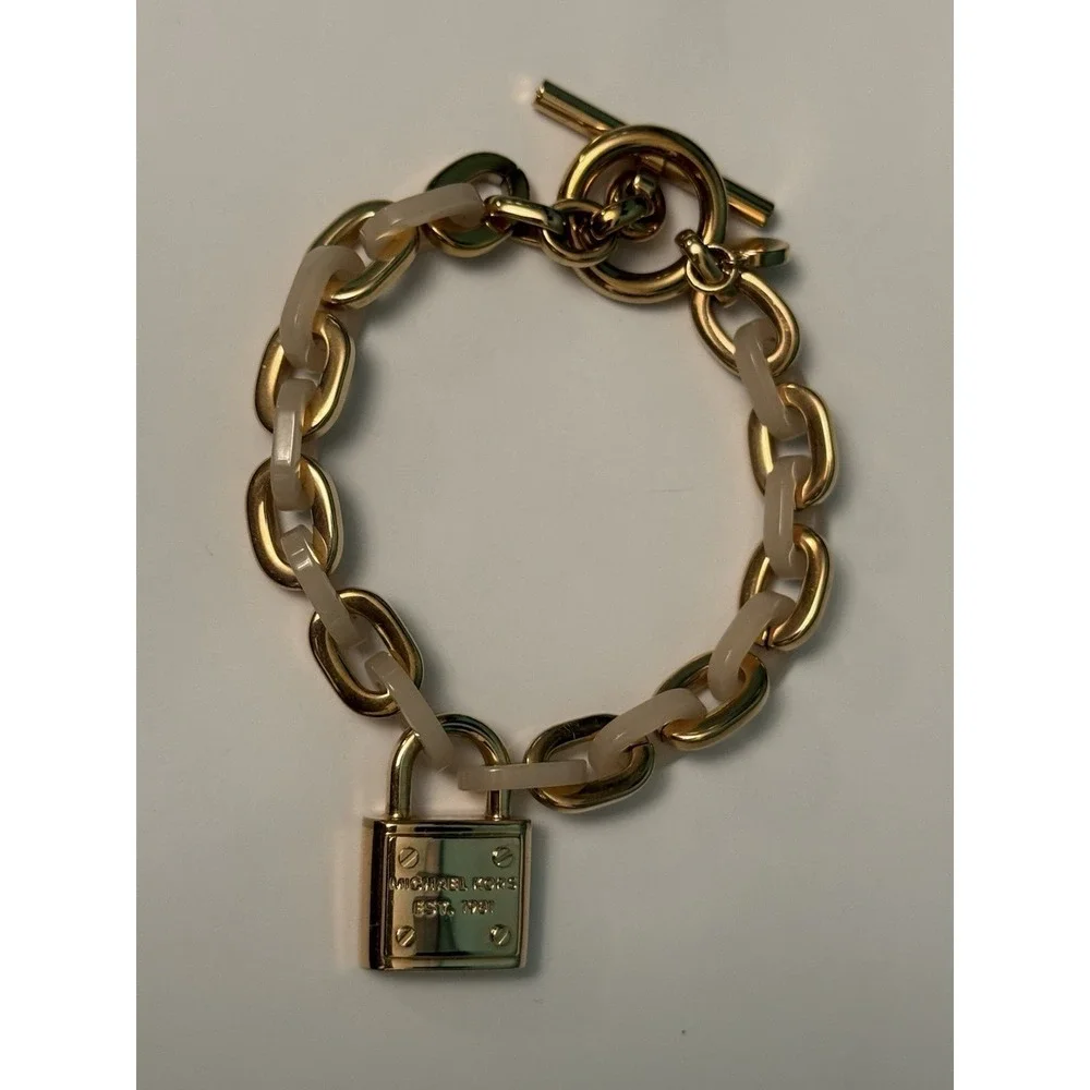 Michael Kors Gold Padlock Charm Toggle Bracelet Pink Acetate Chunky Chain Unique